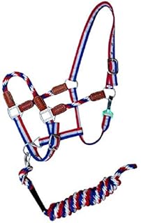 Showman Red, White, and Blue Nylon Halter with Leather Accents. Comes Equipped with Removeable red, White, and Blue Poly Lead That Measures 8ft Long.