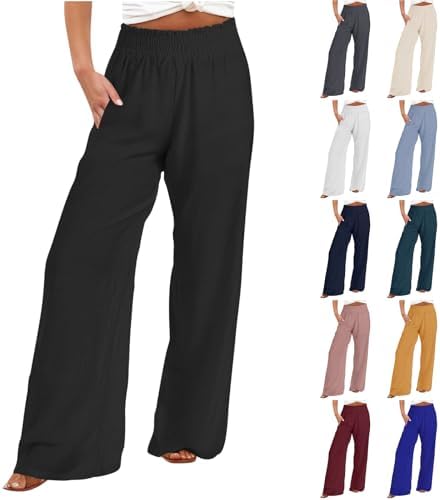 Women Summer High Waisted Cotton Linen Palazzo Pants Wide Leg Beach Lounge Pant Trousers with Pockets