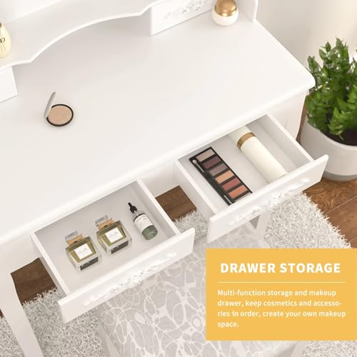 Image of Alohappy Girls Makeup Vanity Set, Dressing Table Desk with Lighted Mirror and Stool, Makeup Table with 4 Drawers for Bedroom, Bathroom (Vanity with Lighted Mirror)
