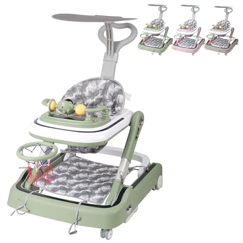XUANYU 5 en 1 Andador Bebé con Estación de Juego, Carrito de Despertar Caminar Andador con Toldo y Cesta de Baloncesto, Ajustable en Altura, Caminar Andadores para 6-36 Meses Niños y Niñas (Verde)