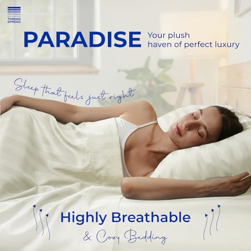 Image of THREAD SPREAD California King Bed Sheets, Luxury 1000 Series Paradise Collection 100% Egyptian Cotton Damask Striped Cal King Sheets Set (4 PC, Ivory Stripe), 16 inch Deep Pocket Hotel Sheet Set