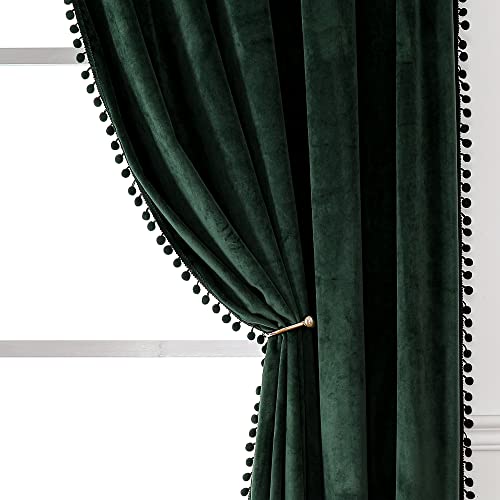 Victree Pom Pom Velvet Curtains For Bedroom, Blackout Curtains 52 X 84 Inch Length - Room Darkening Sun Light Blocking Rod Pocket Window Drapes For Living Room, 2 Panels, Dark Green #TOP5