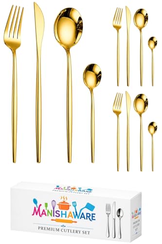 Image of Slim Handle Gold 12 Pcs Stainless Steel Cutlery Set for Dining Table, Dishwasher Safe Glossy Flatware (3 Spoon Set+3 Forks Set+3 Butter Knife+3 Dessert Spoon)