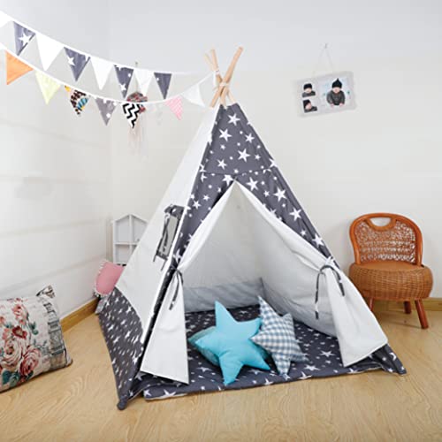 POLKA TOTS Kid’s Portable Teepee Tents with Cushion, Led Light and Non-Slip Padded Mat, Play Tent, Indoor & Outdoor Playhouse Tents for Children (Star Blue)
