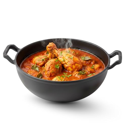 Image of Omichef Pre-Seasoned Cast Iron Kadai with Curved Handle | 25cm / 9.8 Inch, 3.2L (3.3kg) | Induction Friendly | Naturally Non-Stick, Pure & Toxin-Free | Heavy Cast Iron Kadhai No Chemical Coating