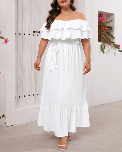 Plus Size Off The Shoulder Maxi Long Casual Layered Ruffle Beach Sundress Women Pocket 20244