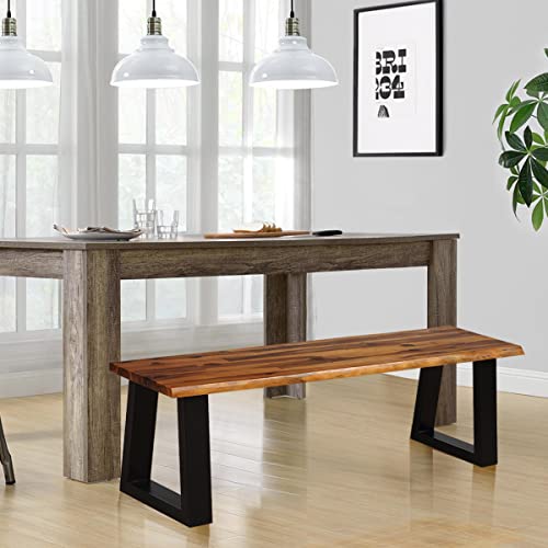 Image of Giantex 57.5 inch Live Edge Acacia Wood Bnech, 3-Person Backless Outdoor Dining Bench with Metal Legs & Adjustable Foot Pads for Entryway, Balcony, Porch, Backyard, Garden and Poolside (2 Pack)