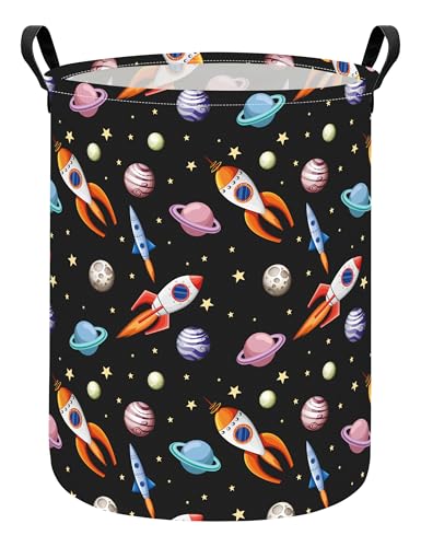 Image of Round Laundry Basket Collapsible Storage Hamper Organizer Planet Rocket | Waterproof Canvas Foldable Baskets with sturdy Handles Multi-scene Organizer for Home Play Bedroom Gift Bin