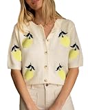 Women's Lemon Embroidery Sweater Cardigan Cute Summer Short Sleeve Button Down Knitwear Tops