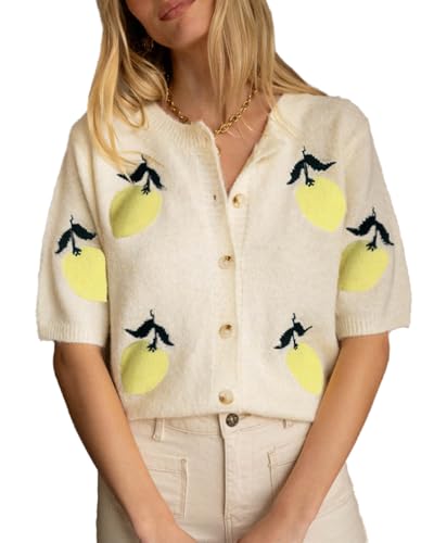 Women's Lemon Embroidery Sweater Cardigan Cute Summer Short Sleeve Button Down Knitwear Tops