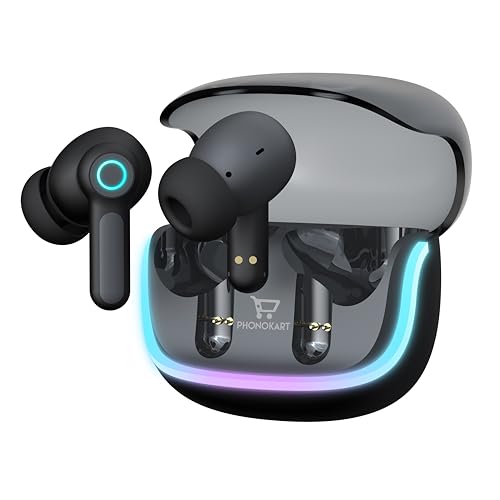 Image of Phonokart KIRA TWS Bluetooth V5.4 Earbuds with Quad Mic ENC, RGB LED Gaming Mode, 70H Playtime, Type-C Fast Charging, Touch Control Wireless Earbuds with 500mAh Battery (Black)