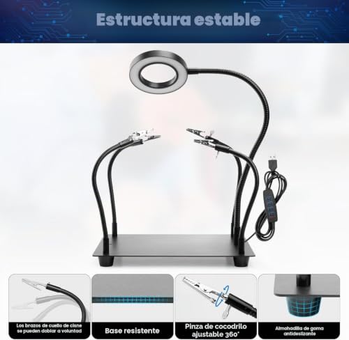 Miniatura 3 de Tercera Mano Para Soldar, Ayuda De Soldadura Tercera Mano Con Luz De Lupa 6x, Estación De Soldadura Con 4 Brazos Flexibles Y Lupa Con Lámpara Led, Ayuda De Soldadura Para Soldadores, Fabricantes De