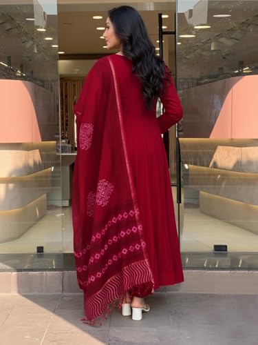 Image of GoSriKi Women Viscose Gown Kurti with Pant and Dupatta | Embroidered Kurta Set for Women | V Neck Long Kurta Dupatta Palazzo Ethnic Outfit