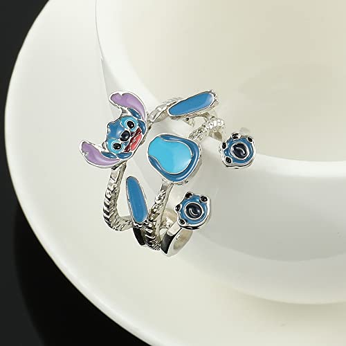 Kf Ornament Anime Stitch Opening Ring Set - Funny Cartoon Movie Fans Rings Ohana Means Family Rings Gifts For Woman Girl (Silver) #TOP4
