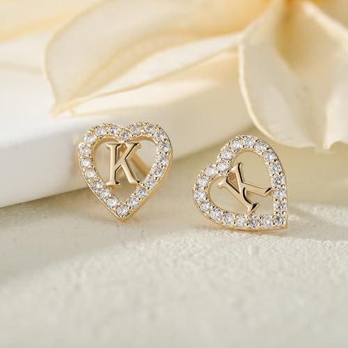 Image of Anoup Heart Initial Earrings for Girls Gifts - S925 Sterling Silver Post CZ Hypoallergenic Stud Initial Earrings for Women Teen Girls Birthday Gifts for Kids Jewelry