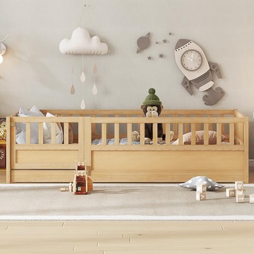 Image of Bellemave Twin Size Kids Montessori Floor Bed,Solid Wood Floor Bed Frame with High Fence and Lockable Door for Kids,Girls,Boys,Twin,Natural