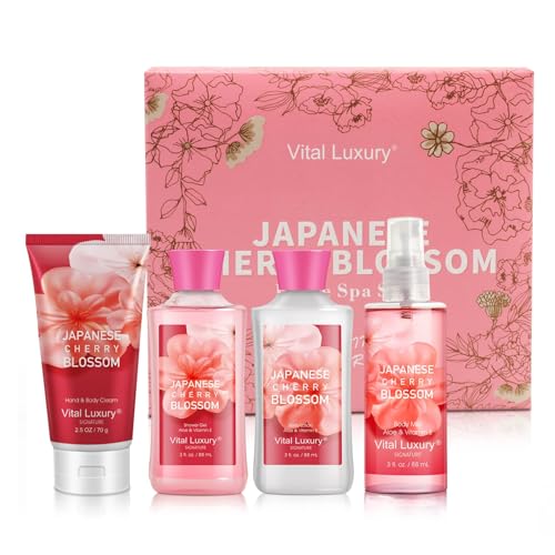 Gift Set for Women – 4PC Japanese Cherry Blossom Luxury Spa Kit with Hand Cream, Body Lotion, Shower Gel & Mist, Relaxing Self Care Travel Bath and Body Set for Mom Wife Teens Sister Friends or Her
