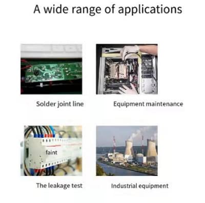 Diagram showing various applications for the clamp meter, including solder joint line, equipment maintenance, leakage test, and industrial equipment.