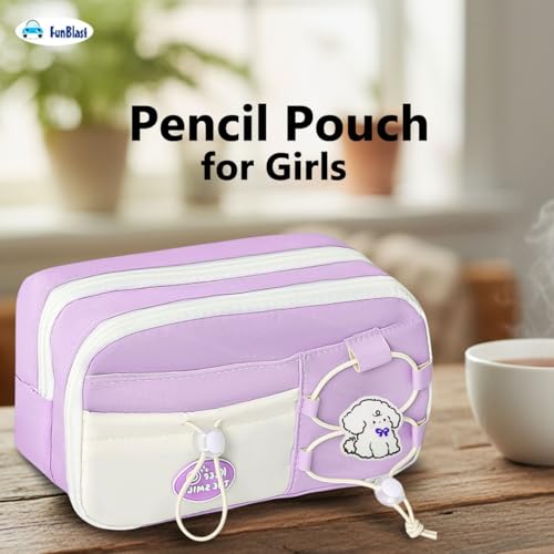 Image of FunBlast Pencil Pouch for Girls - Aesthetic Multi-Compartment Zipper Pouch with Drawstring Pocket, Cute Kawaii Pencil Case, Stylish Stationery Pouch, Return Gift for Kids & School Use (Purple2)