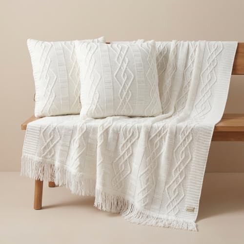 Manta Tricot Sofa Decorativa 150x90cm +2 Capas Almofada A03 (NATURAL)