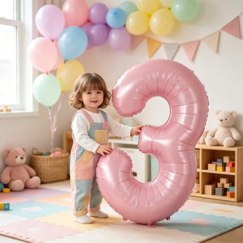 Image of TONIFUL 40 Inch Pastel Pink Number Balloon Balloon Big Pink Digital Balloon for Girl's Birthday Party Wedding Bridal Shower Engagement Anniversary Photo Shoot Supplies(Number 3)