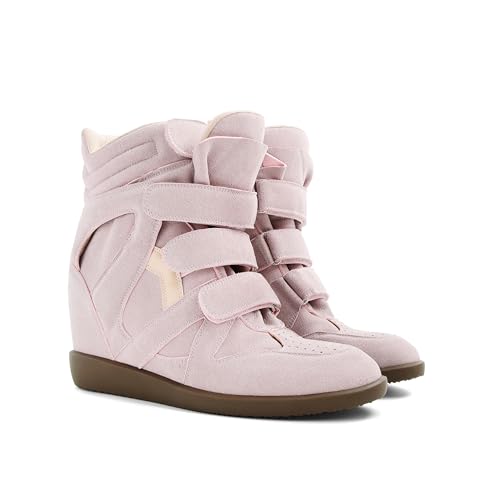 Image of Wedge Sneakers for Women Heels Suede Hook and Loop High Heel Tennis Round Toe Triple Strappy Band Casual Vintage Fashion Dressy Comfy Campus Trendy Retro Sneaker