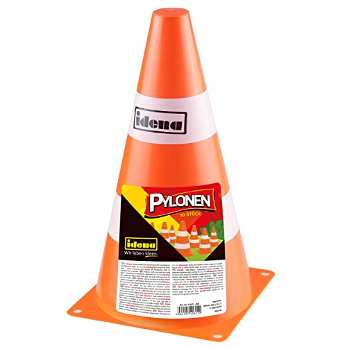 Idena - Pylonen 10 Stück, Warn-Kegel aus Kunststoff in Orange mit weißen Streifen, ca. 15,5 cm hoch, stapelbar, Verkehrshütchen für Sport, Freizeit, Slalom, Fußball und Vereine