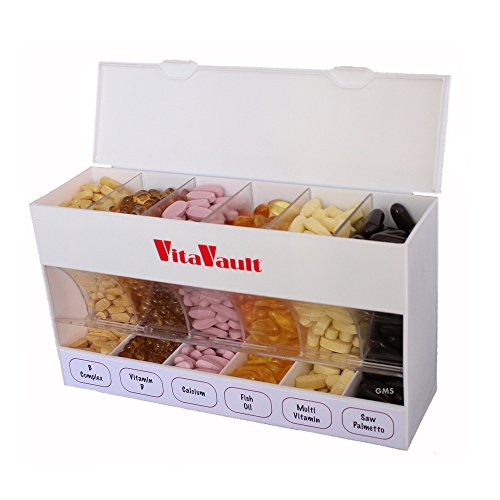 GMS VitaVault Vitamin & Pill Organizer - Medicine Cabinet Organizer with 6 Separate Large Compartments - Store up to 60 Days Worth of 6 Different Vitamins - Fits All Size Supplements - 1 pc