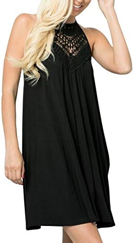 ECOWISH Womens Halter Neck Lace Patchwork Backless Loose Tunic Tank Dress Sleeveless Casual Top Dresses Black Small