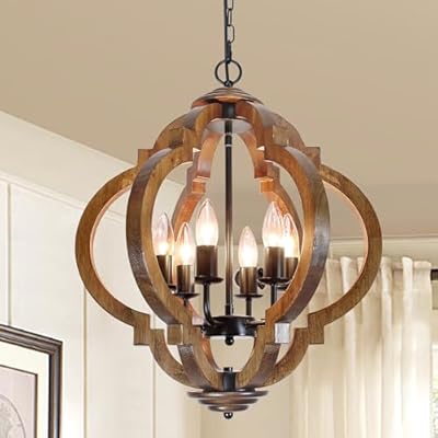 6-Light Modern Farmhouse Chandeliers for Dining Room, Rustic Wood Chandelier Light Fixture, Flush Mount Chandelier for Kitchen Entryway Foyer Bedrooms Living Room
