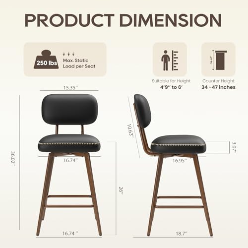 Image of MALOL 26 inch PU Leather Swivel Bar Stools Set of 3, Mid Century Counter Height Bar Chairs with Low Back and Metal Legs, Modern Bar Stool Chair for Kitchen Island, Black