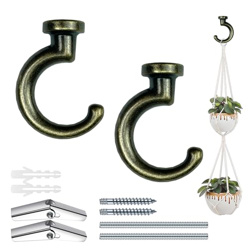 Image of Large Swag Ceiling Hooks Heavy Duty Swag Hook with Hardware for Hanging Plants Ceiling Installation Cavity Wall Fixing (2 Sets, Antique Brass)