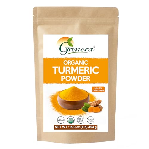 Grenera Organic Turmeric Powder 1 lb (16 Ounce) - Min. 5% Curcumin, Lab Tested for Purity, Organic Certified Raw Turmeric Powder