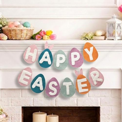 Image of Folkulture Easter Garland (6 ft) | Premium Wool Felt Bunny Garland for Easter Decorations, Outdoor Spring Party & Home Decor | Easy to Hang, Adjustable Happy Easter Banner Or Garland for Mantle, Wall