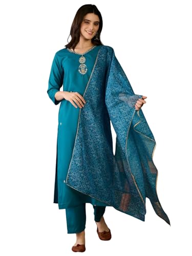Image of Naixa Women's Rayon Cotton Lining Embroidered Straight Kurta with Pant and Dupatta Sets (NX-470)