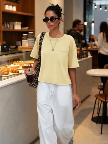 Image of ATHMILE Womens Crop Tops Workout Shirts Gym Oversized Spring Summer Basic Tees Short Sleeve Casual Loose Drop Shoulder 2026