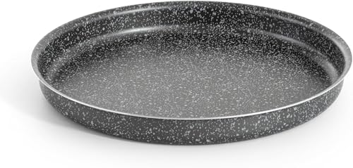 Bandeja de horno redonda para pizza y harinata, 34 cm, fabricada en Italia, revestimiento alto antiadherente, de aluminio, ligera y fácil de limpiar, efecto piedra, línea Vulcania (1 bandeja)