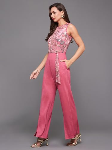 Image of Miss Chase Women's Halter Neck Sleeveless Solid Wide Leg Sequin Paneled Regular Length Jumpsuit