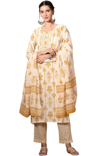 Image of Amazon Brand - Tavasya Women Cotton Anarkali Kurta Pant Dupatta Set | Printed Ethnic Suit Set | Flared Anarkali Kurta with Pant & Dupatta | Festive & Casual Wear