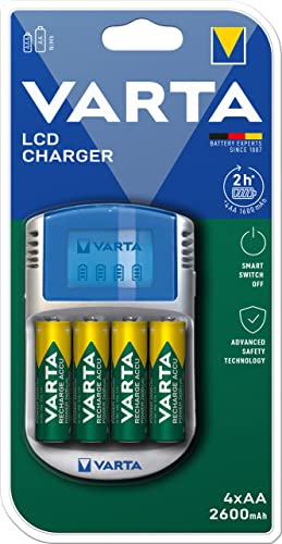 VARTA Chargeur de Piles, incl. 4X AA 2600mAh, charge jusqu'à 4 AA/AAA Piles rechargeables, LCD Charger, avec câble USB & adaptateur 12V