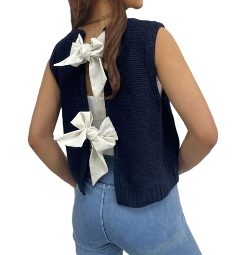 Image of Women's Back Tie Bow Knit Sweater Vest Casual Tops Y2K Sleeveless Crew Neck Knit Vest
