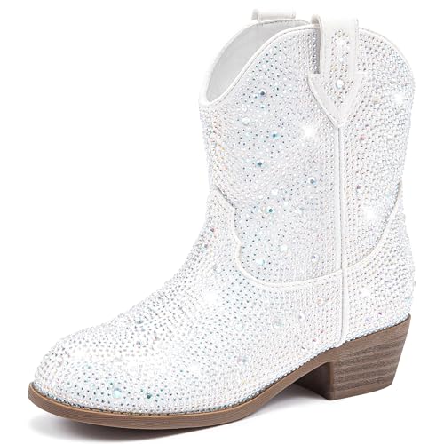 Motasha White Boots For Girls Cowboy Boots Size 1 Cowgirl Boots For Girl Big Kid Riding Birthday 9 Year Old Kids Rhinestone Glitter Girls' Shoes...