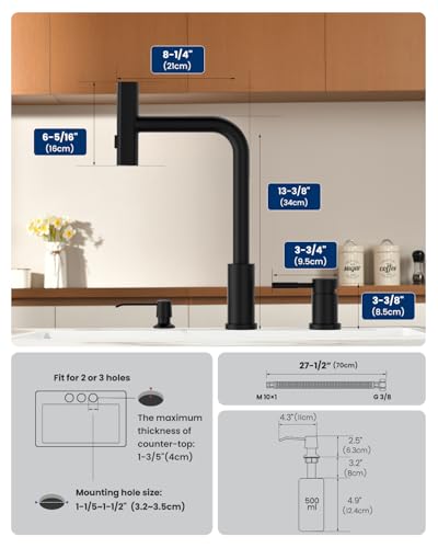Image of 3 Hole Kitchen Faucet with Pull Down Sprayer and Soap Dispenser, Matte Black 3-Spray Modes Waterfall Kitchen Faucet Easy Installation for Modern Kitchen Sink, Stainless Steel