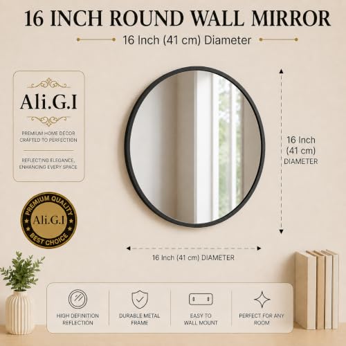 Image of Round Wall Mirror in Gold I Metal Frame Mirror I Modern Design Metal Frame Mirror in Medium Size I Bathroom Wash Basin, Bedroom, Drawing Room (Black 16 inch)