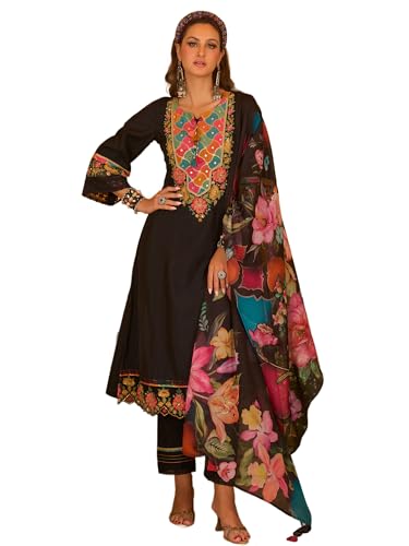 Image of INDO ERA Women's Silk Blend Floral Embroidered A-Line Kurta & Pant with Dupatta Set (IEOUT12374)