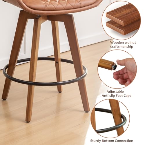 Image of Bar Stools Set of 2, 29.5 Inch Mid Century Modern Retro Swivel Bar Chairs, Furniture with Curved Back, Faux Leather Upholstered and Walnut Wood Frame for Bar /Pub /Island (Brown, 29.5 inch-2 PCS)