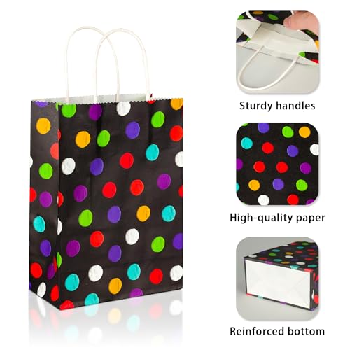 Image of BLEWINDZ 32Pcs Small Gift Bags with Tissue - Polka Dot Black Party Gift Bags with Handles, Colorful Rainbow Paper Goodie Bag for Party Favors, Kids Birthday