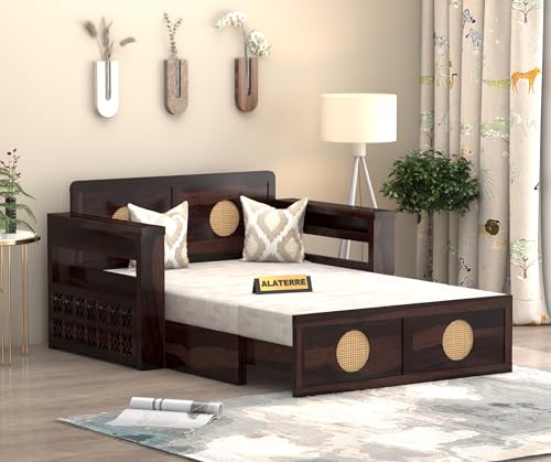 Image of Solid Sheesham Wood Two Seater Sofa Cums Bed with Cane Design Panels | 2-in-1 Wooden Daybed with Cushion & Storage Drawers (Walnut Finish)