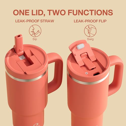 Image of ENCOOL 32 oz Tumbler with Handle and Straw: Stainless Steel Insulated Tumbler Keeps Cold for 24 Hours, Leakproof Travel Cup Fits in Cup Holder and BPA-Free,Tawny Orange