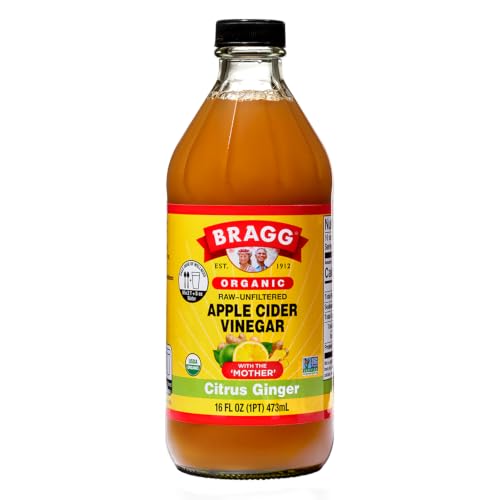 Bragg Organic Apple Cider Vinegar Citrus Ginger with the “Mother” – Vinagre de manzana ecológico con jengibre, limón y lima, Crudo y sin filtrar, 473 ml